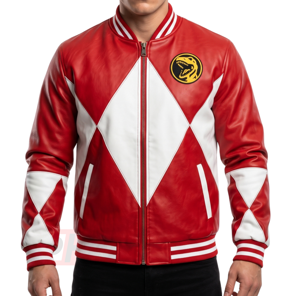 Red Ranger Leather Bomber Jacket, Power Rangers Cosplay Apparel, 90s Nostalgia T-Rex Varsity Coat, Geek Streetwear, Gift for Him
