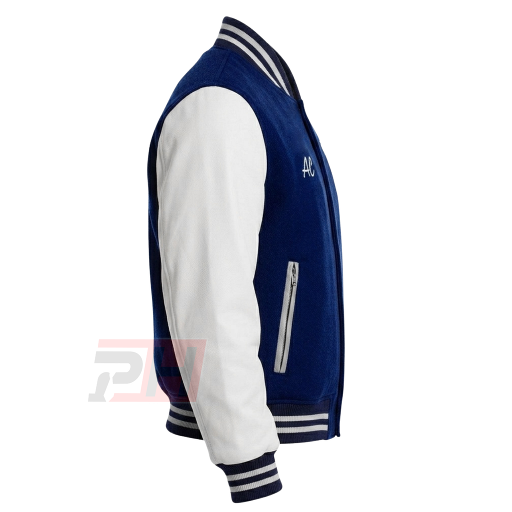 Men's Custom Polk High Varsity Jacket | Blue & White Retro 80s Letterman Bomber Coat