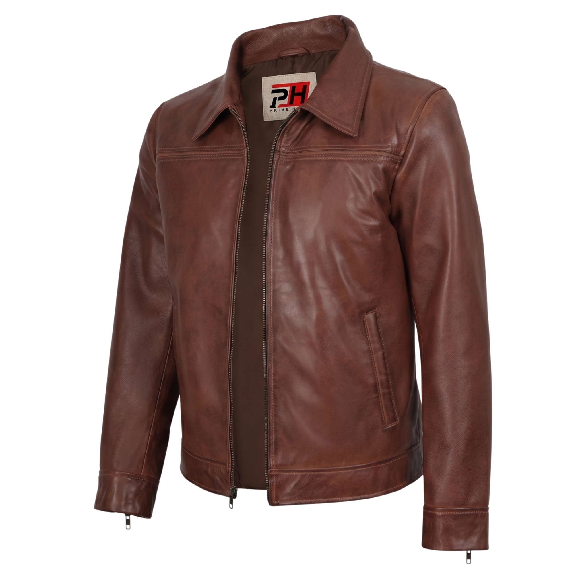 Mark Men's Cognac Brown Lambskin Leather Jacket | Classic Shirt Collar Zip-Up Coat