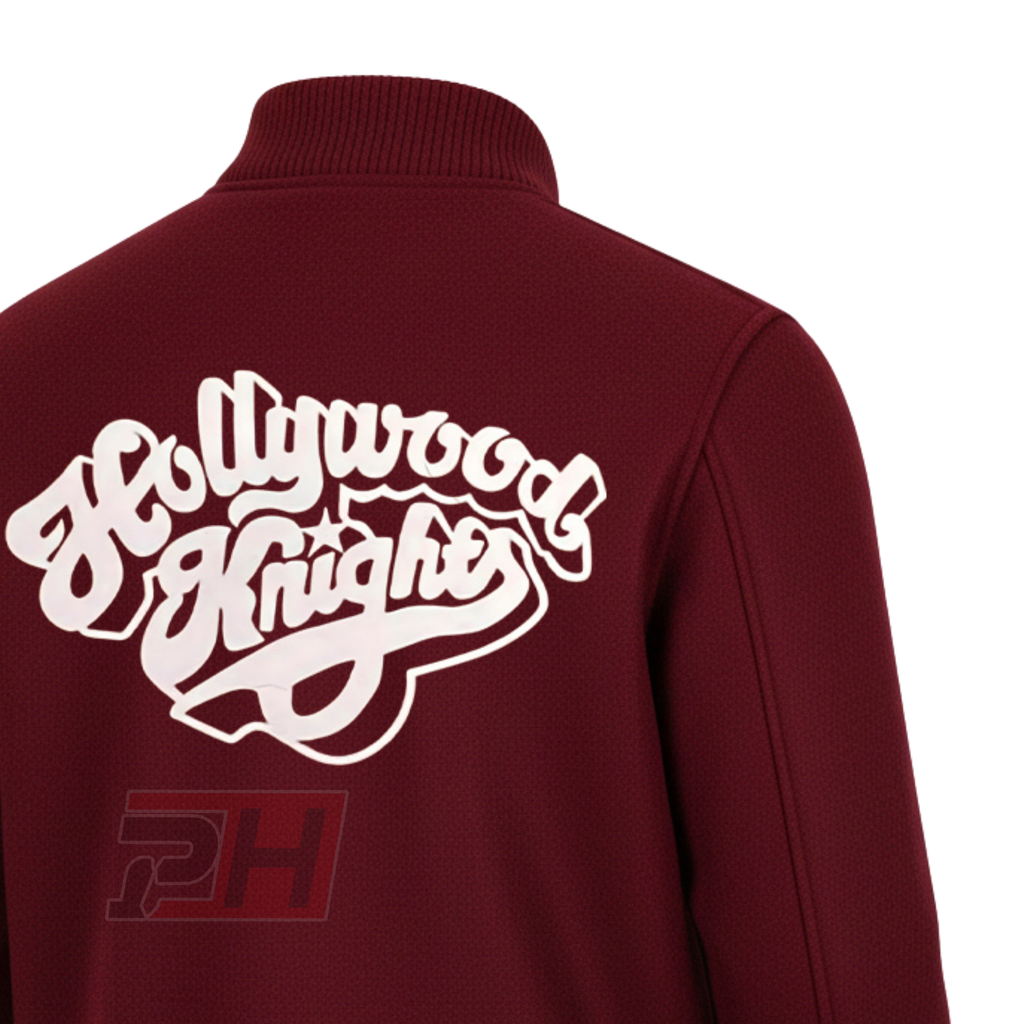 Men's Custom Hollywood Knights Varsity Jacket | Maroon Wool Tubby's Cosplay Letterman Bomber