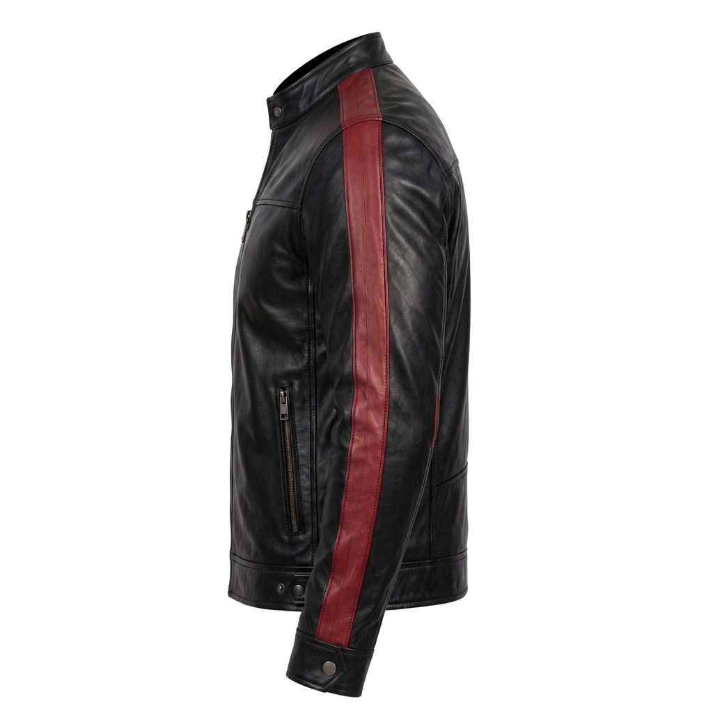 Men's Vintage Black Leather Cafe Racer Jacket | Classic Biker Coat with Red Stripes