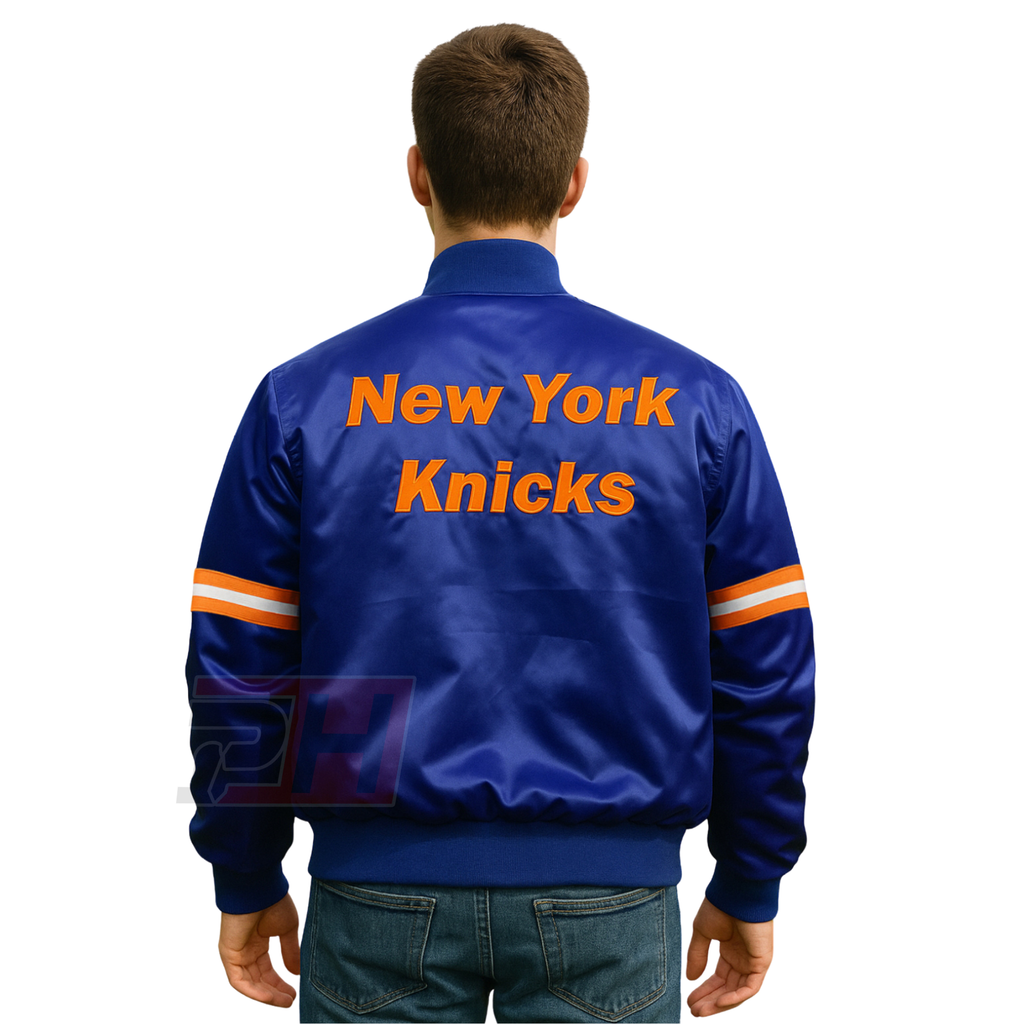 Men's Handmade New York Blue Satin Bomber Jacket | Vintage Knicks Basketball Varsity Coat