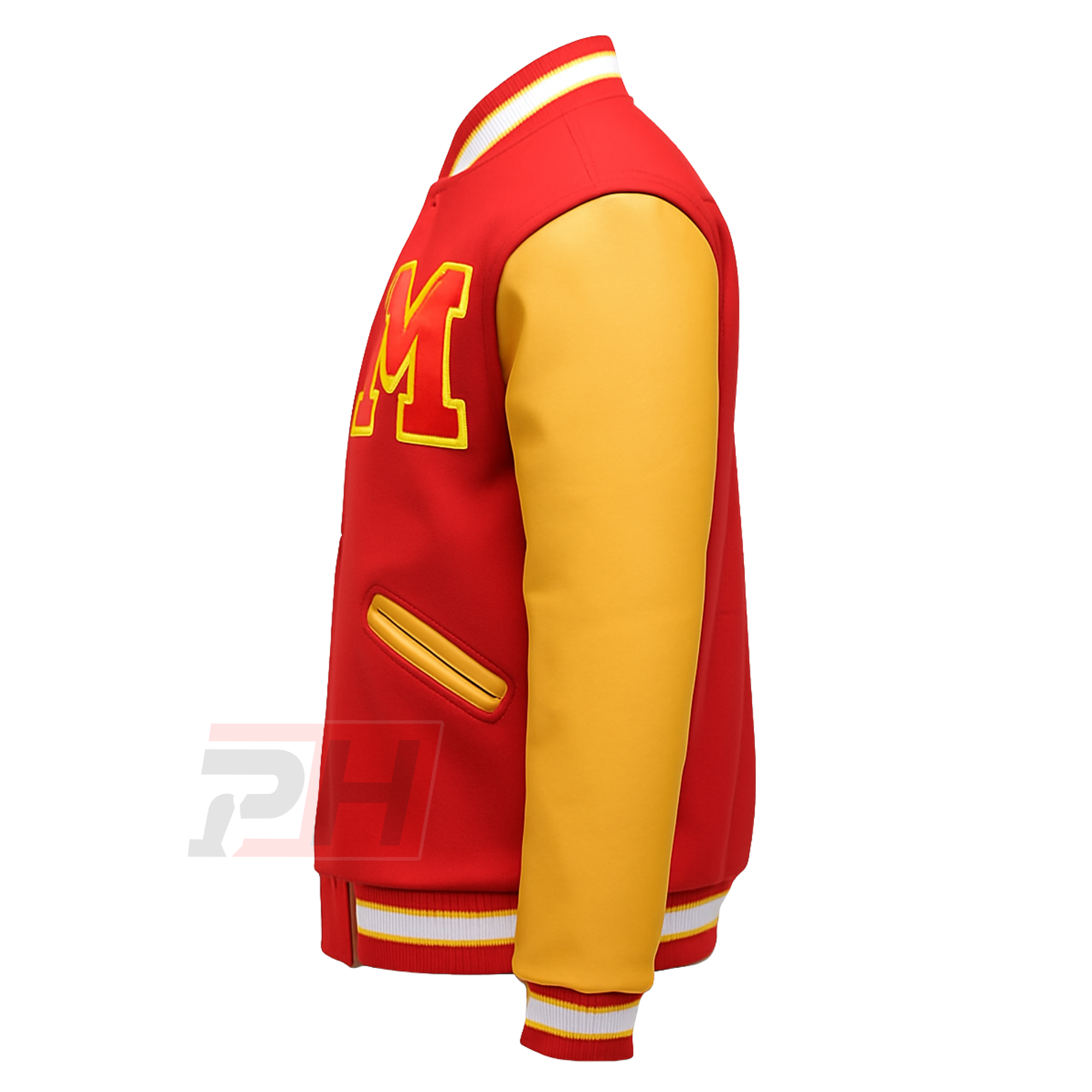 Prime Hide Men's Michael Jackson Thriller Varsity Jacket - Retro Red & Yellow Wool Body with Real Leather Sleeves