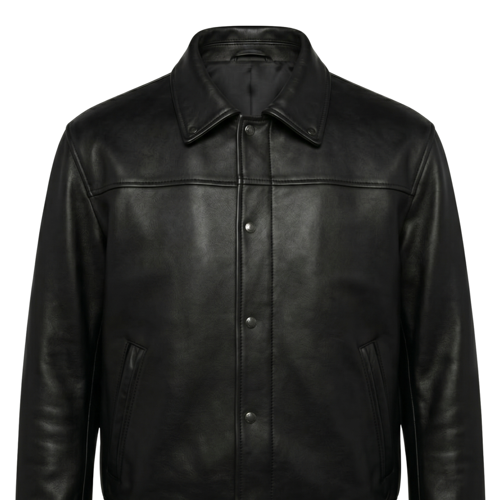 Men's Classic Black Leather Bomber Jacket | Vintage Aviator Snap-Button Coat