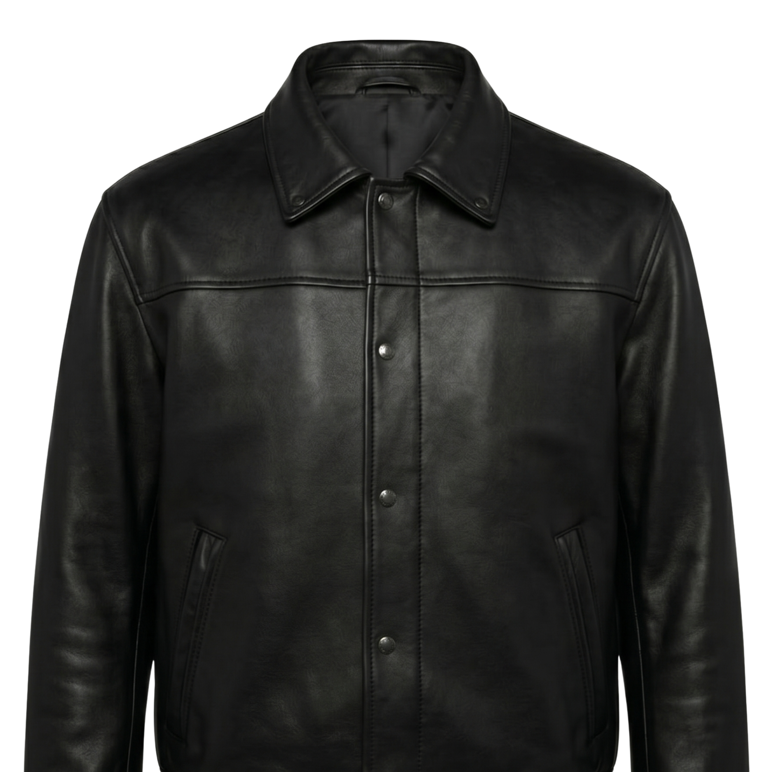 Men's Classic Black Leather Bomber Jacket | Vintage Aviator Snap-Button Coat