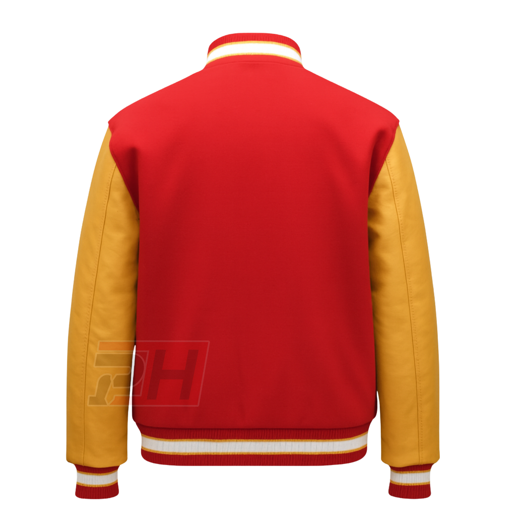 Prime Hide Men's Michael Jackson Thriller Varsity Jacket - Retro Red & Yellow Wool Body with Real Leather Sleeves