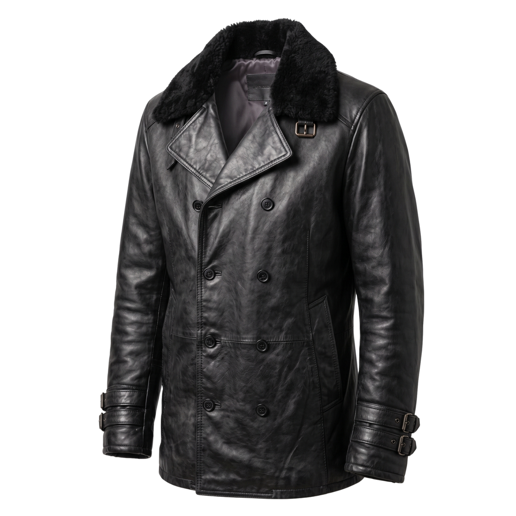 Men's RE9 Inspired Black Leather Jacket | Resident Evil 2026 Cosplay Coat | Double Breasted Fur Collar