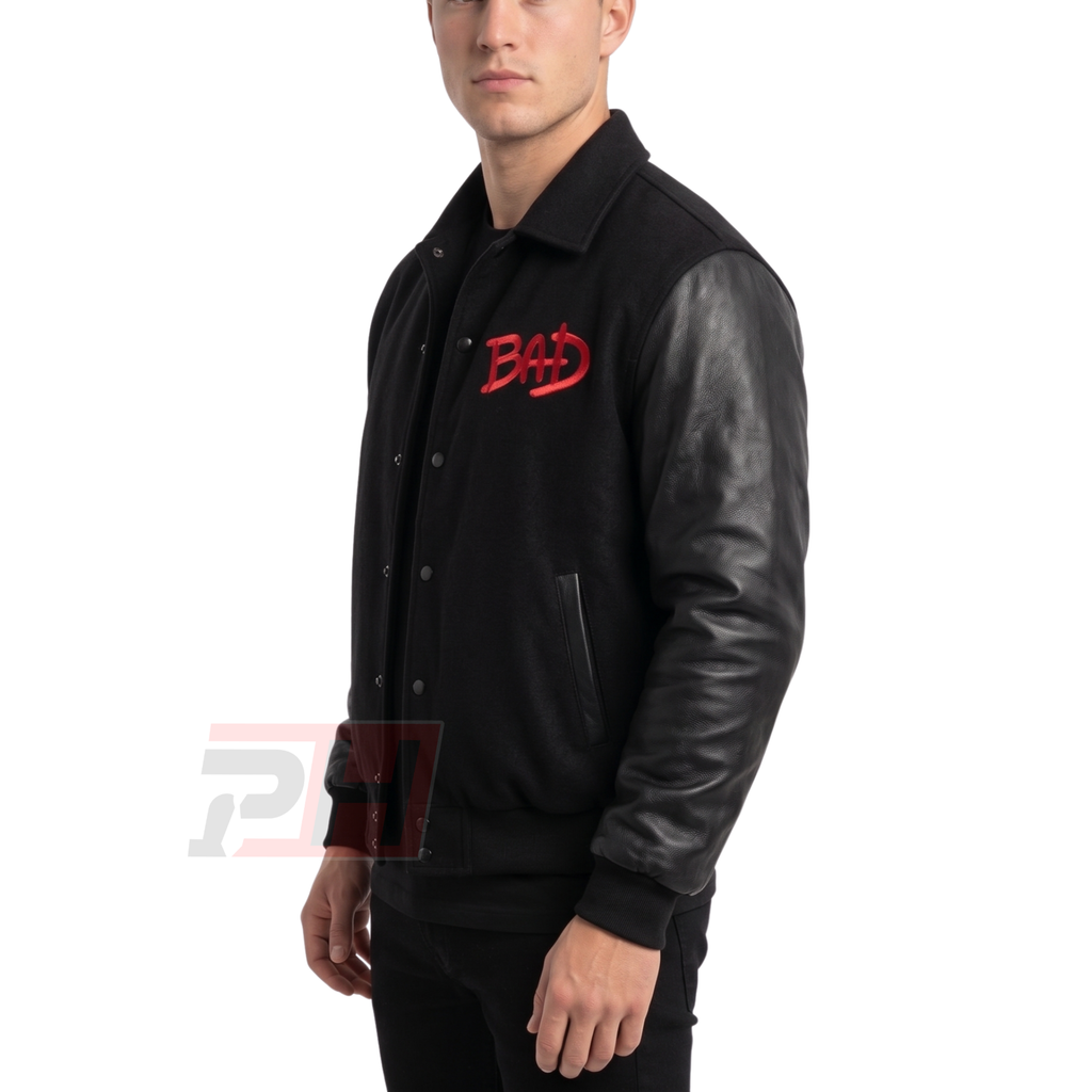 Men's Retro 80s Pop Star Tour Varsity Jacket | Black Leather Sleeve Bomber | Dancer Silhouette Letterman Coat | Vintage Pop Icon Apparel