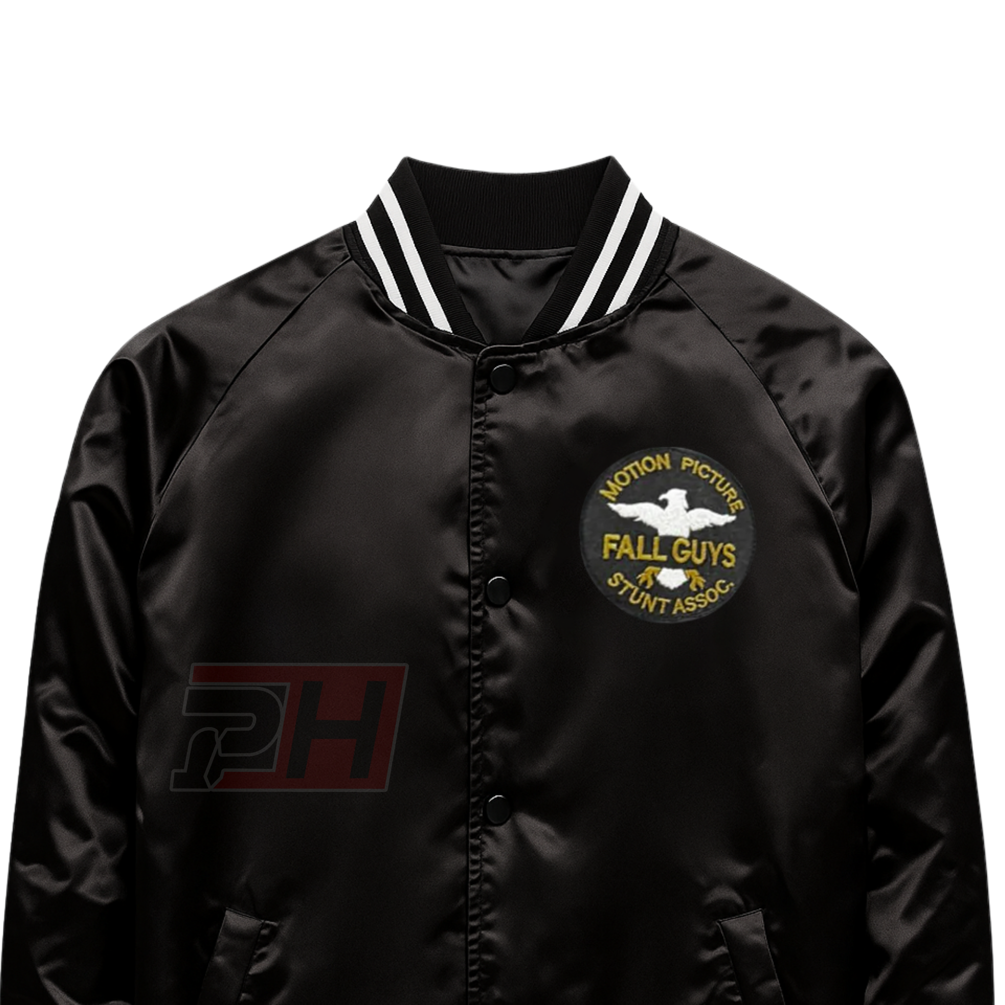 Men's Fall Guy Black Satin Bomber Jacket | Stuntman Cosplay Costume | Vintage Varsity Letterman Coat | Action Movie Fan Apparel