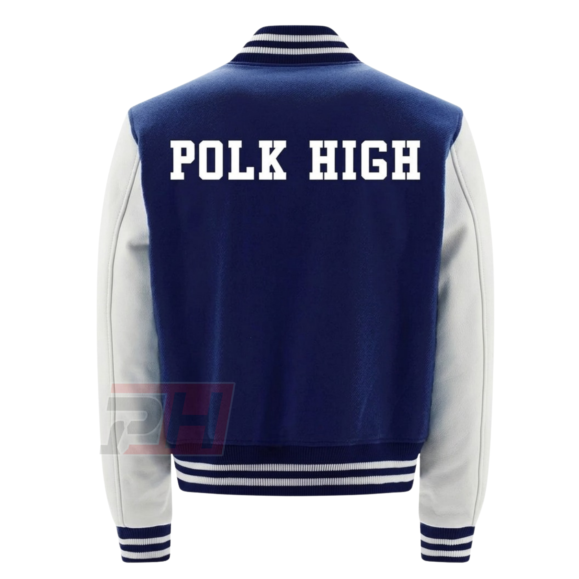 Men's Custom Polk High Varsity Jacket | Blue & White Retro 80s Letterman Bomber Coat