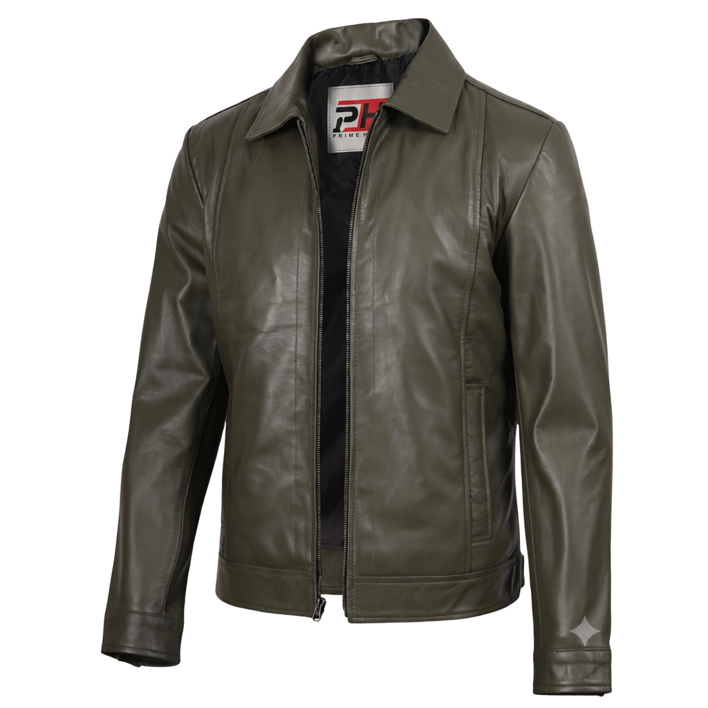 Men's Olive Green Leather Jacket | Genuine Leather & Faux Zip-Up Coat