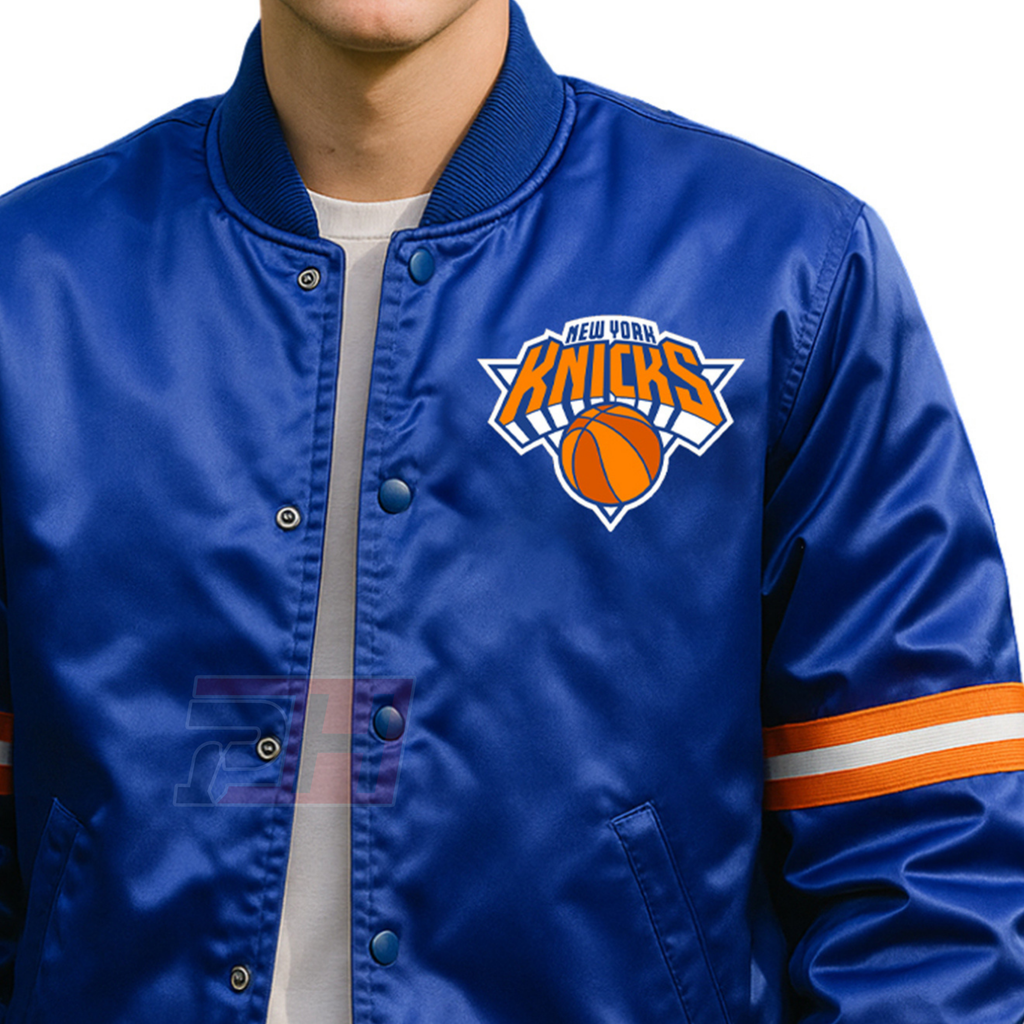 Men's Handmade New York Blue Satin Bomber Jacket | Vintage Knicks Basketball Varsity Coat