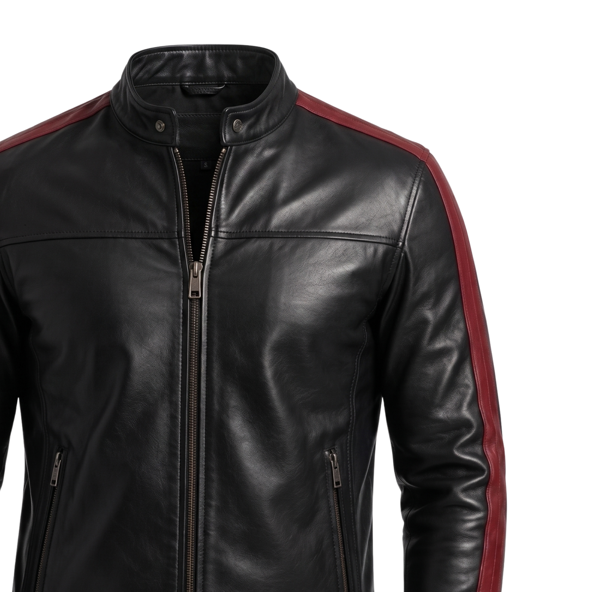 Men's Vintage Black Leather Cafe Racer Jacket | Classic Biker Coat with Red Stripes