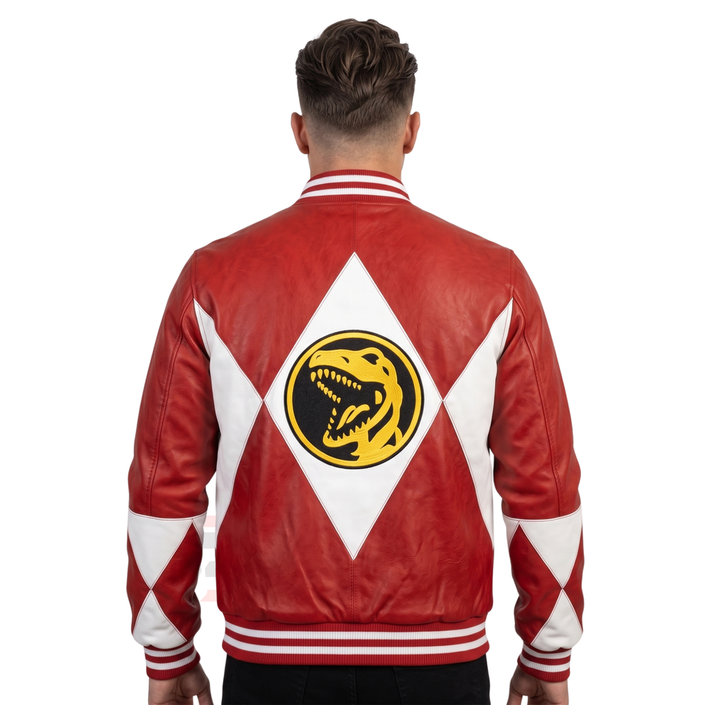 Red Ranger Leather Bomber Jacket, Power Rangers Cosplay Apparel, 90s Nostalgia T-Rex Varsity Coat, Geek Streetwear, Gift for Him