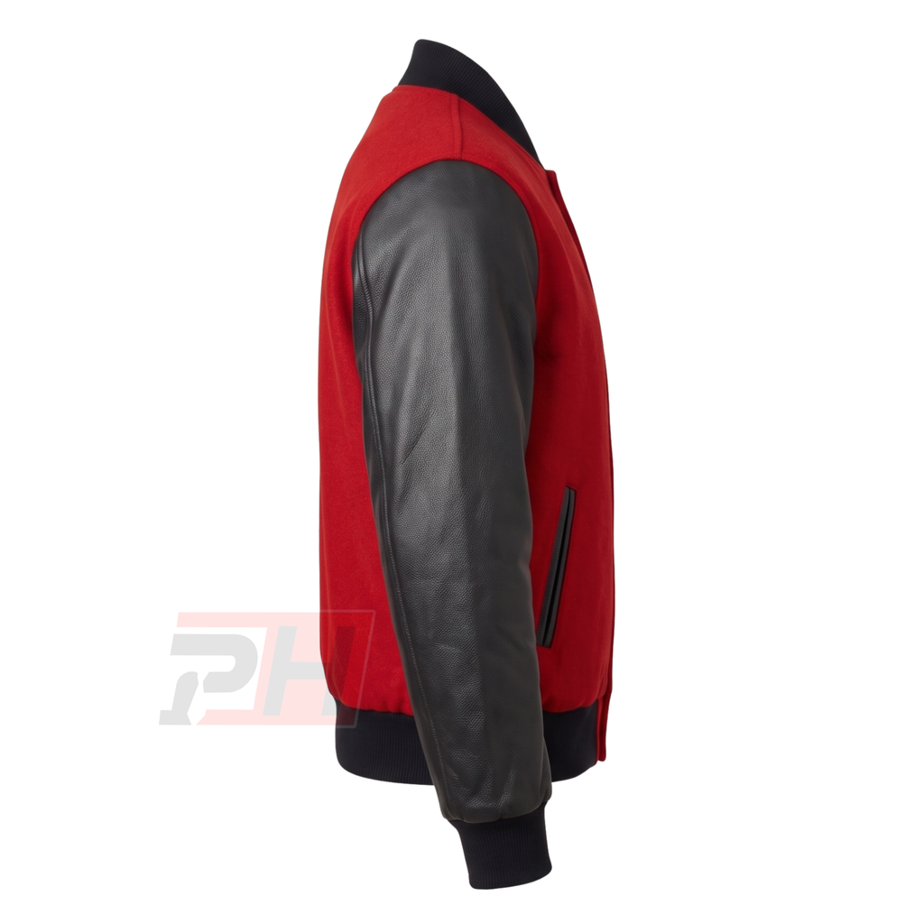 Men's Colin Jost Varsity Jacket | SNL Red Wool & Black Leather Bomber | Saturday Night Live Celebrity Letterman Coat | Custom Baseball Outerwear