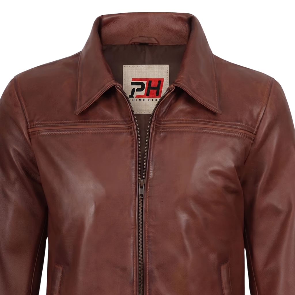 Mark Men's Cognac Brown Lambskin Leather Jacket | Classic Shirt Collar Zip-Up Coat