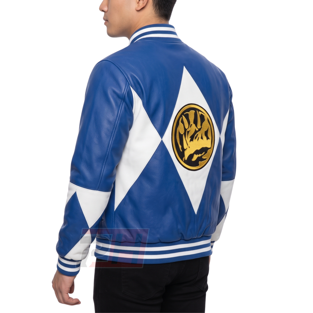 Men's Billy Cranston Blue Ranger Leather Jacket | 90s Triceratops Cosplay Varsity Coat