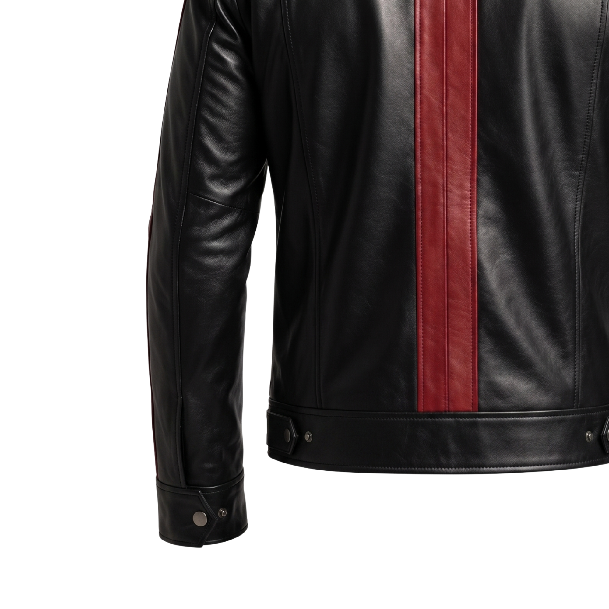Men's Vintage Black Leather Cafe Racer Jacket | Classic Biker Coat with Red Stripes