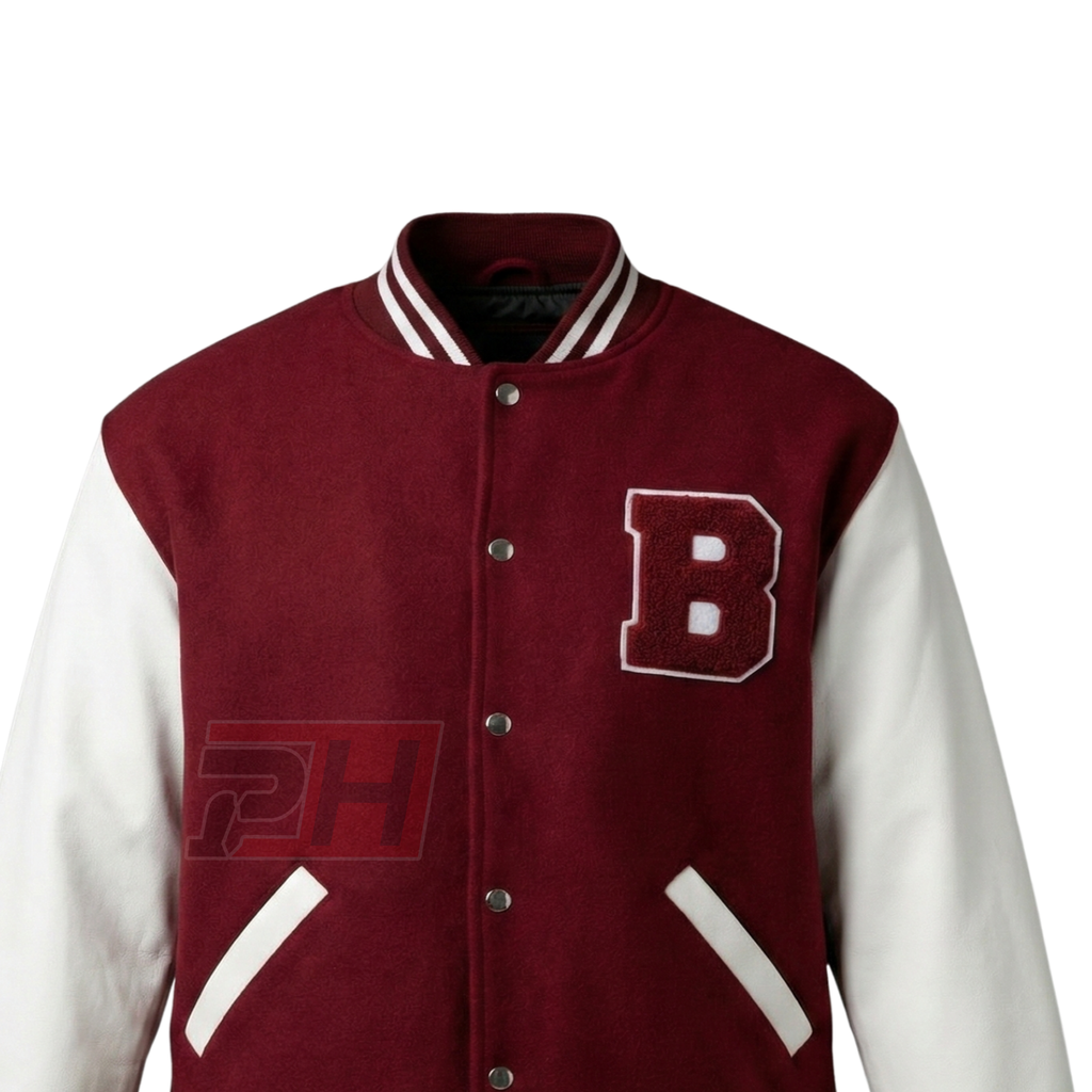 Men's Bayside High Varsity Letterman Jacket | 90s Retro Tiger Burgundy Bomber Coat | Vintage Sitcom Cosplay Costume | High School Baseball Outerwear