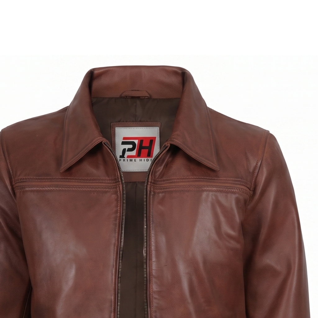 Mark Men's Cognac Brown Lambskin Leather Jacket | Classic Shirt Collar Zip-Up Coat