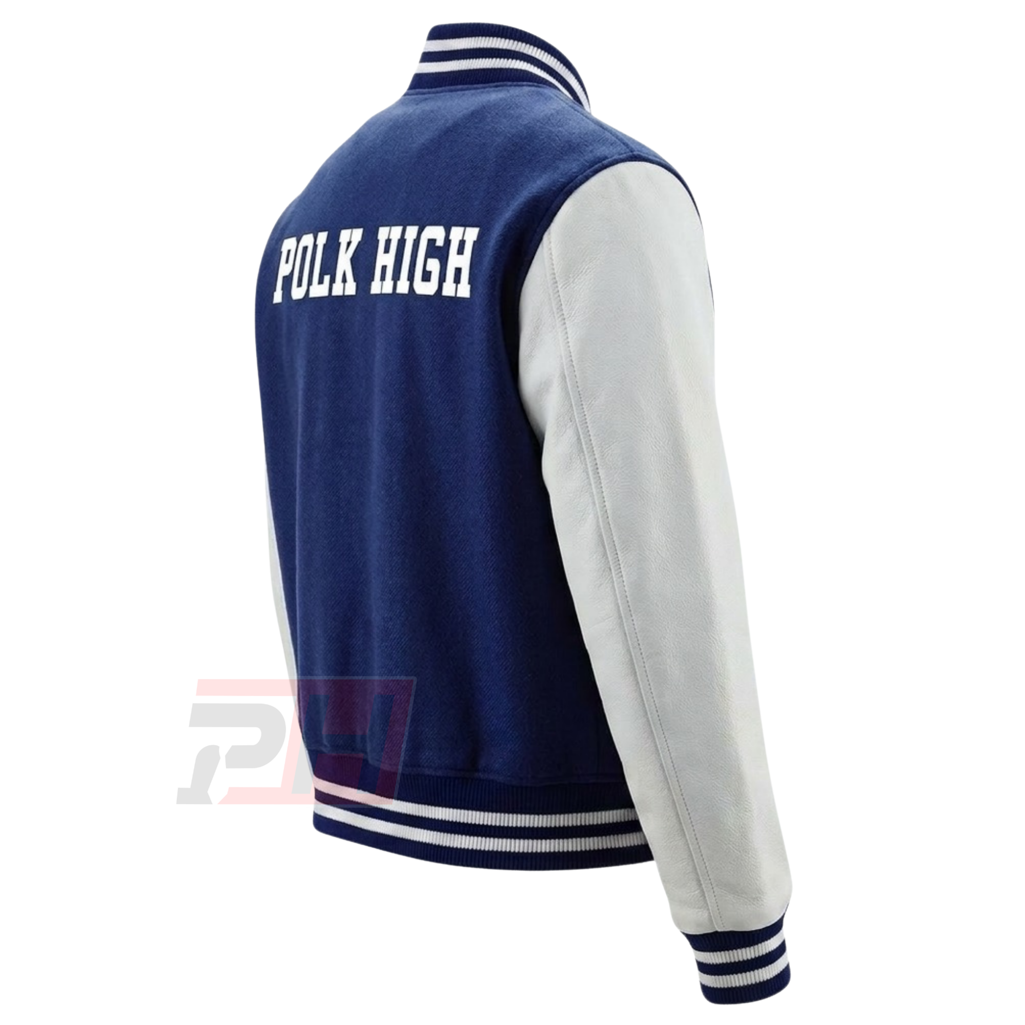 Men's Custom Polk High Varsity Jacket | Blue & White Retro 80s Letterman Bomber Coat