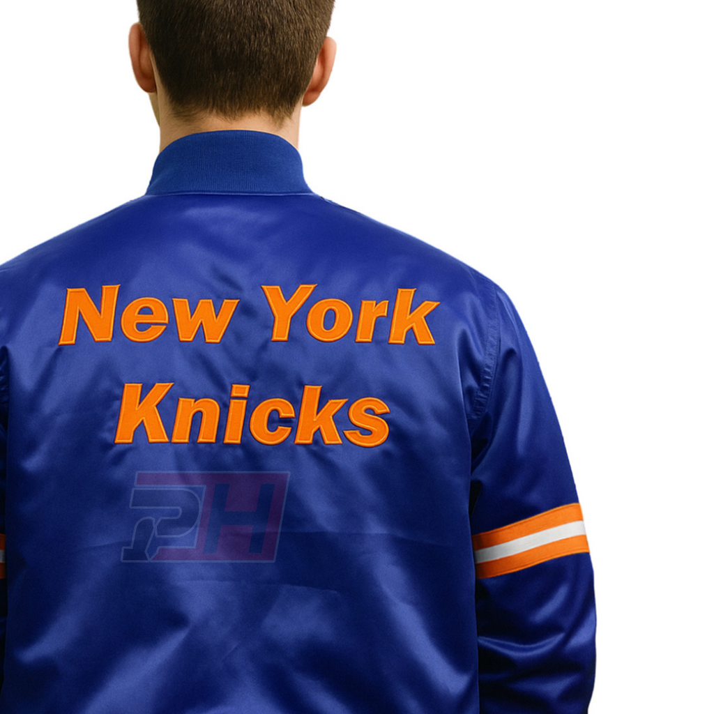 Men's Handmade New York Blue Satin Bomber Jacket | Vintage Knicks Basketball Varsity Coat
