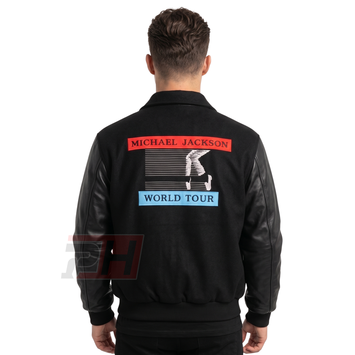 Men's Retro 80s Pop Star Tour Varsity Jacket | Black Leather Sleeve Bomber | Dancer Silhouette Letterman Coat | Vintage Pop Icon Apparel