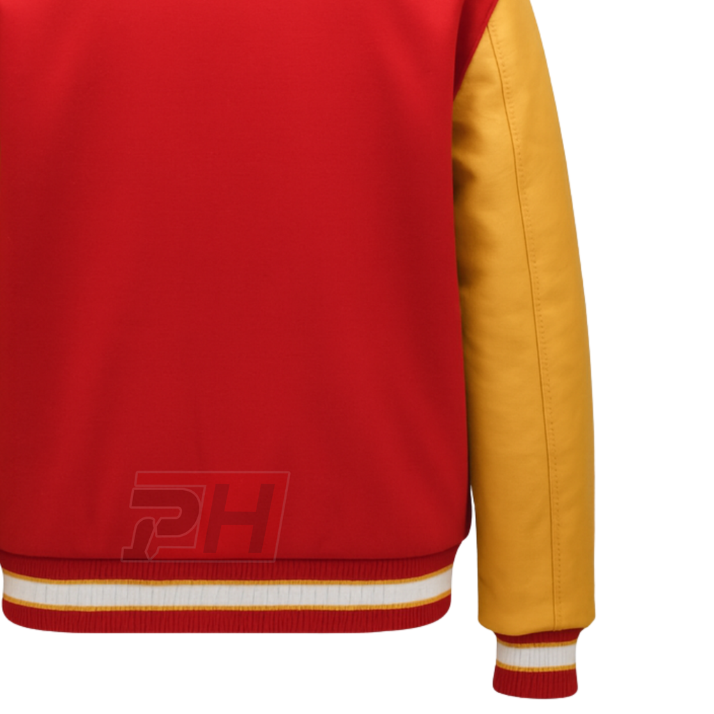 Prime Hide Men's Michael Jackson Thriller Varsity Jacket - Retro Red & Yellow Wool Body with Real Leather Sleeves