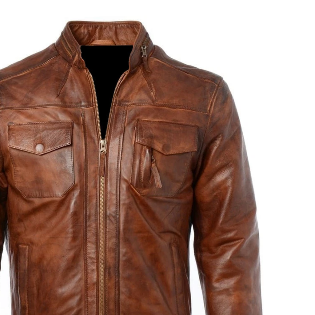 Men's Retro Brown Leather Motorcycle Jacket | Distressed Vintage Cafe Racer Slim Fit Biker Jacket