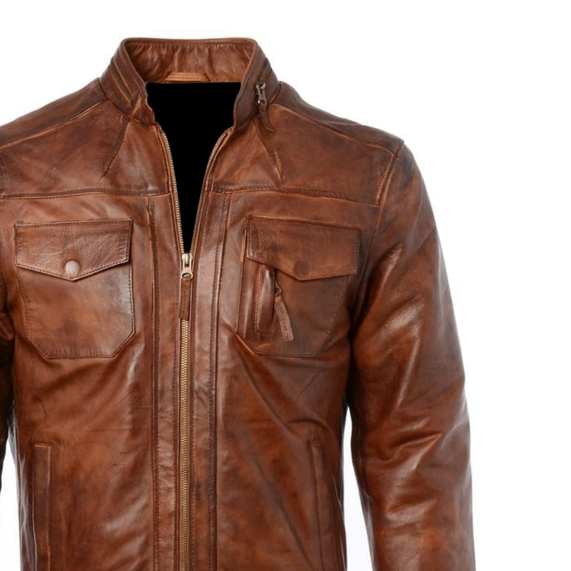 Men's Retro Brown Leather Motorcycle Jacket | Distressed Vintage Cafe Racer Slim Fit Biker Jacket