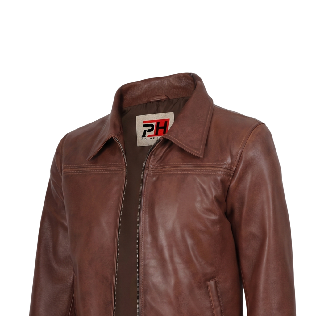 Mark Men's Cognac Brown Lambskin Leather Jacket | Classic Shirt Collar Zip-Up Coat