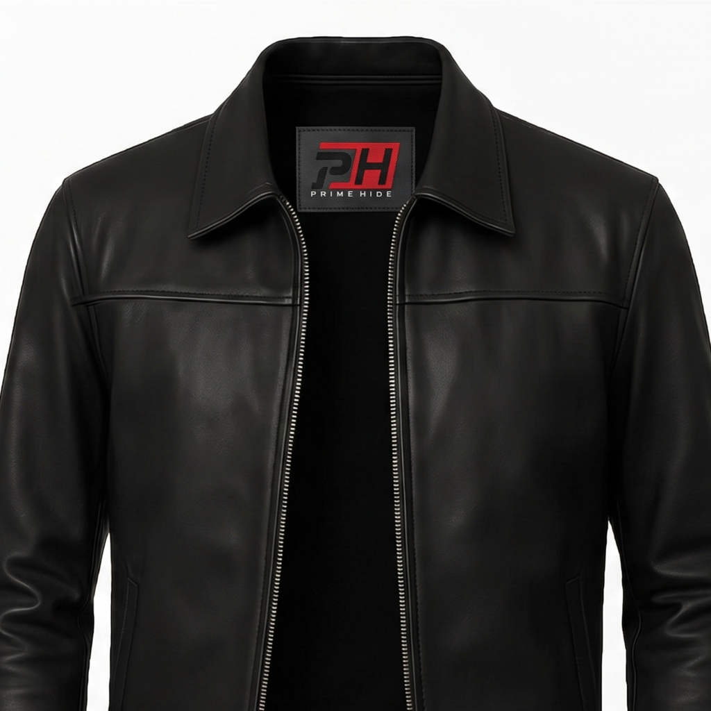 Mark Men's Black Lambskin Leather Jacket | Classic Shirt Collar Zip-Up Coat