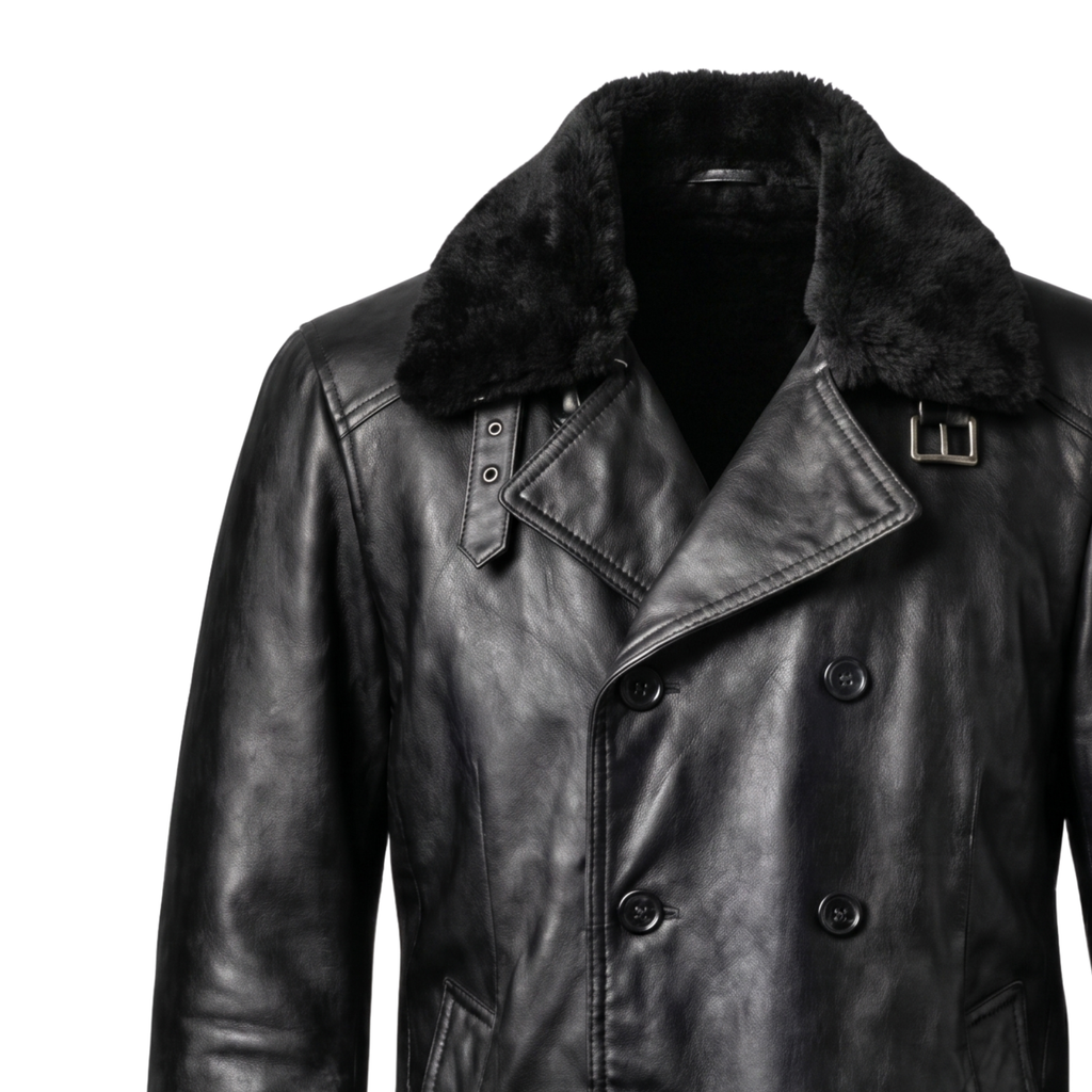 Men's RE9 Inspired Black Leather Jacket | Resident Evil 2026 Cosplay Coat | Double Breasted Fur Collar